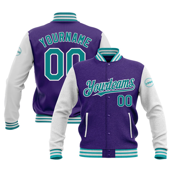Custom Purple Teal-White Classic Style Two Tone Bomber Varsity Letterman Embroidered Jacket