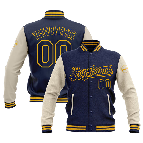 Custom Navy Cream-Gold Classic Style Two Tone Bomber Varsity Letterman Embroidered Jacket