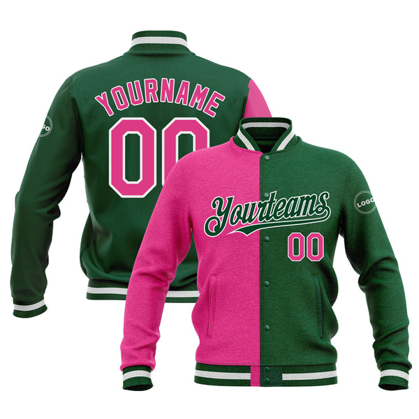 Custom Kelly Green Pink-White Classic Style Split Fashion Bomber Varsity Letterman Embroidered Jacket