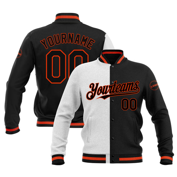 Custom White Black-Orange Classic Style Split Fashion Bomber Varsity Letterman Embroidered Jacket