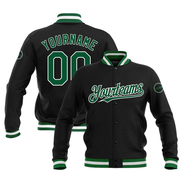 Custom Black Kelly Green-White Full-Snap Bomber Varsity Letterman Embroidered Jacket