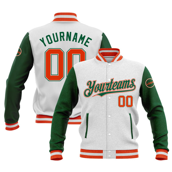 Custom White Orange-Kelly Green Classic Style Two Tone Bomber Varsity Letterman Embroidered Jacket