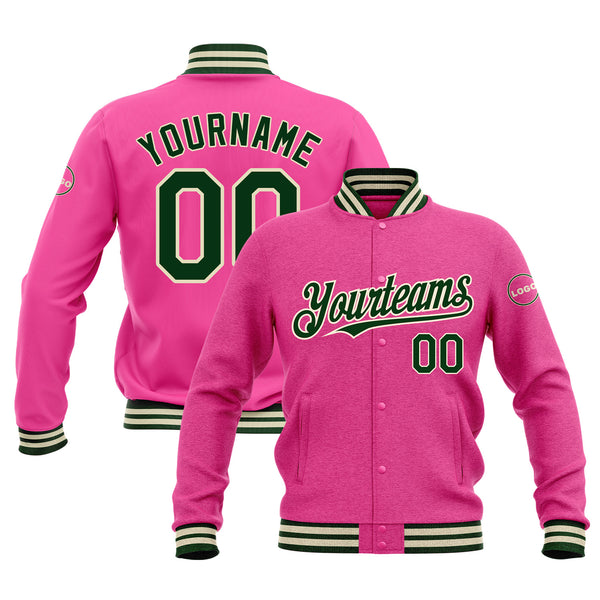 Custom Pink Green-Cream Classic Style Bomber Varsity Letterman Embroidered Jacket