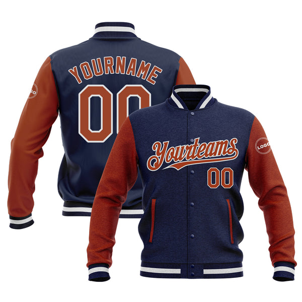 Custom Navy Texas Orange-White Classic Style Two Tone Bomber Varsity Letterman Embroidered Jacket