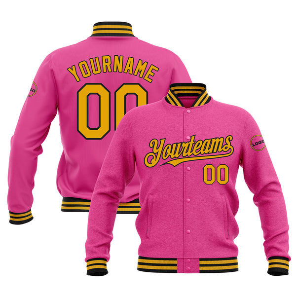 Custom Pink Gold-Black Classic Style Bomber Varsity Letterman Embroidered Jacket