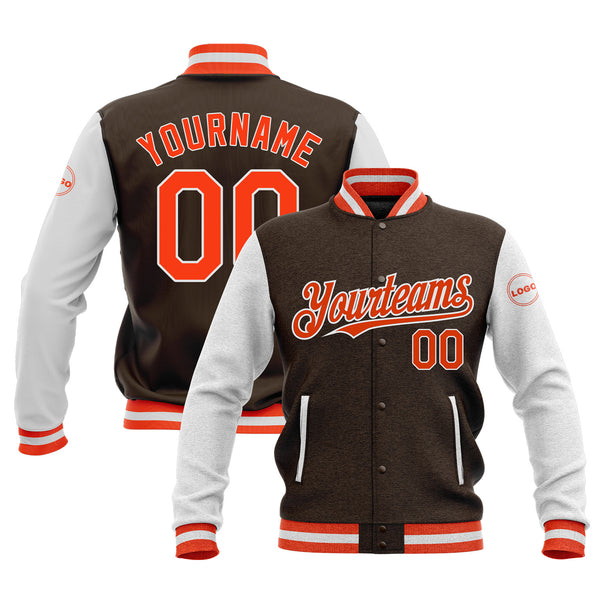 Custom Brown Orange-White Classic Style Two Tone Full-Snap Bomber Varsity Letterman Embroidered Jacket