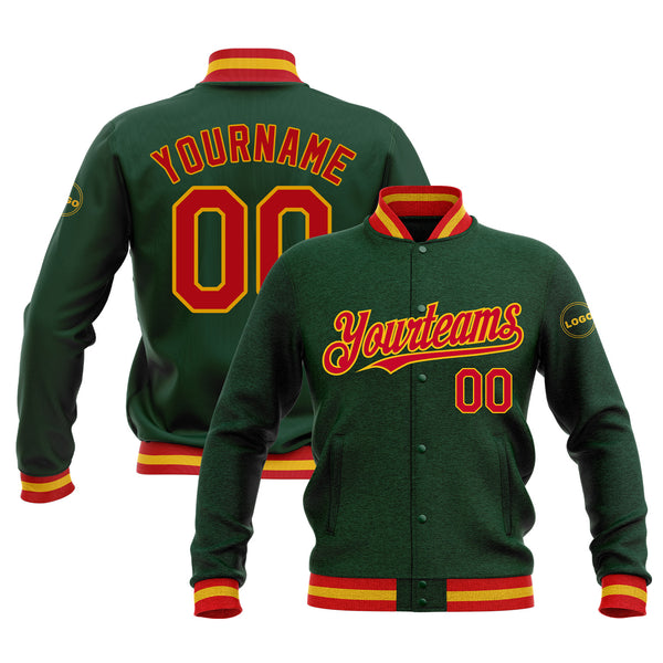 Custom Green Red-Gold Classic Style Full-Snap Bomber Varsity Letterman Embroidered Jacket