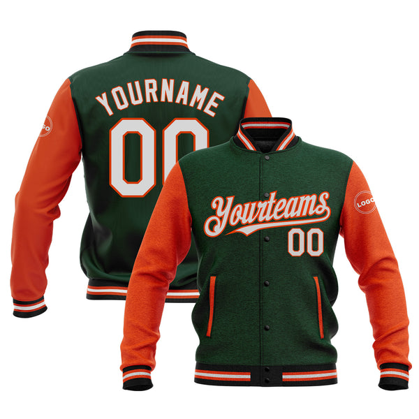 Custom Green White Orange-Black Classic Style Two Tone Full-Snap Bomber Varsity Letterman Embroidered Jacket