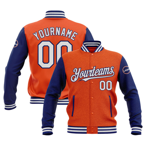 Custom Orange White-Royal Classic Style Two Tone Bomber Varsity Letterman Embroidered Jacket