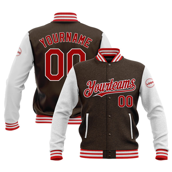 Custom Brown Red-White Classic Style Two Tone Full-Snap Bomber Varsity Letterman Embroidered Jacket