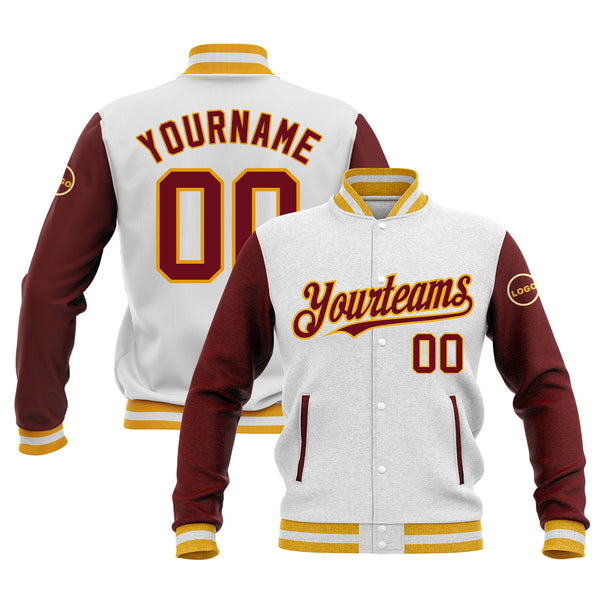 Custom White Crimson-Gold Classic Style Two Tone Bomber Varsity Letterman Embroidered Jacket