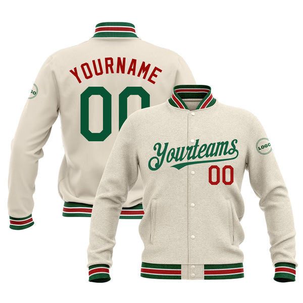 Custom Cream Kelly Green-Red Classic Style Full-Snap Bomber Varsity Letterman Embroidered Jacket