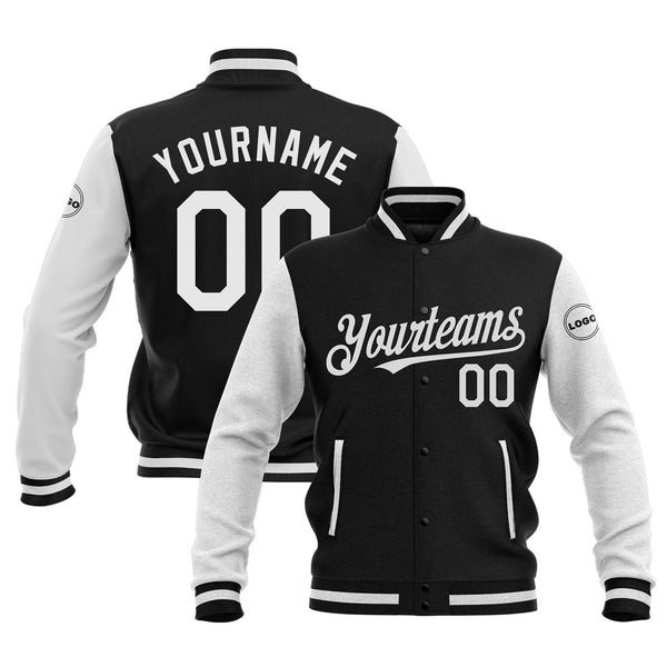 Custom Black White Classic Style Two Tone Full-Snap Bomber Varsity Letterman Embroidered Jacket