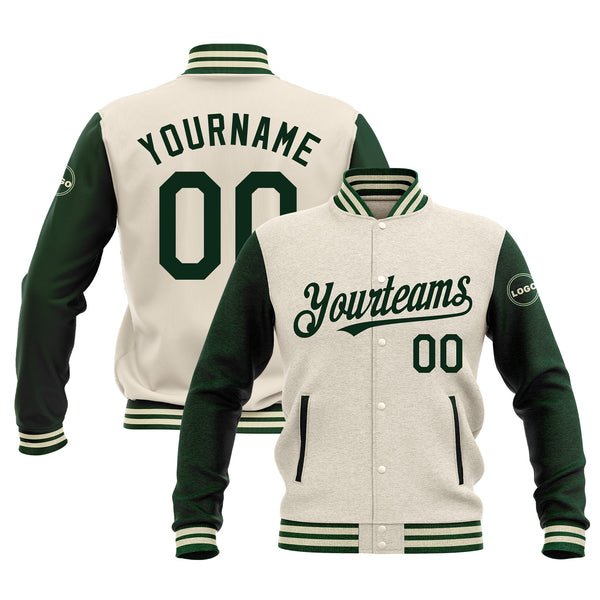 Custom Cream Green Classic Style Two Tone Full-Snap Bomber Varsity Letterman Embroidered Jacket