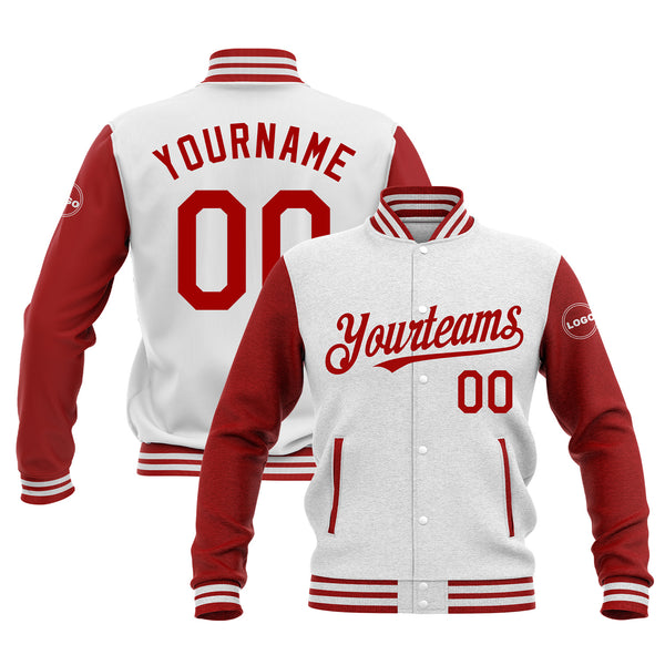 Custom White Red Classic Style Two Tone Bomber Varsity Letterman Embroidered Jacket