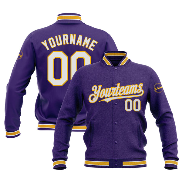 Custom Purple White-Gold Classic Style Bomber Varsity Letterman Embroidered Jacket