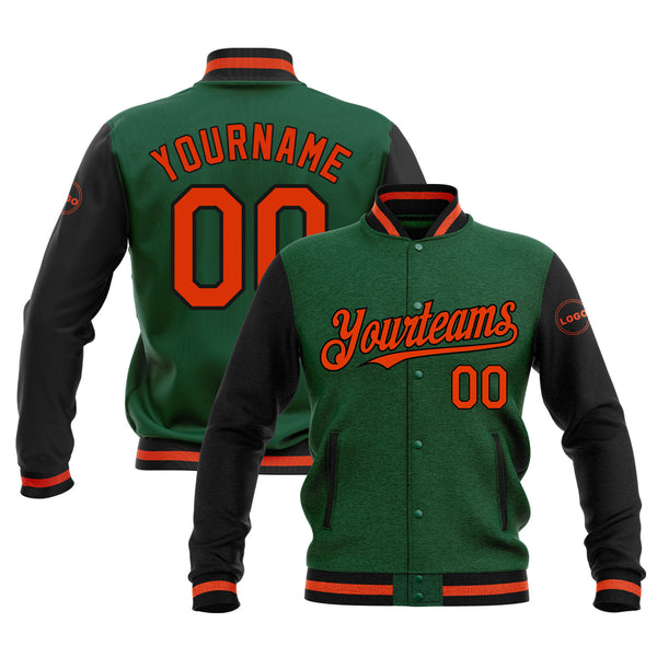 Custom Kelly Green Orange-Black Classic Style Two Tone Bomber Varsity Letterman Embroidered Jacket
