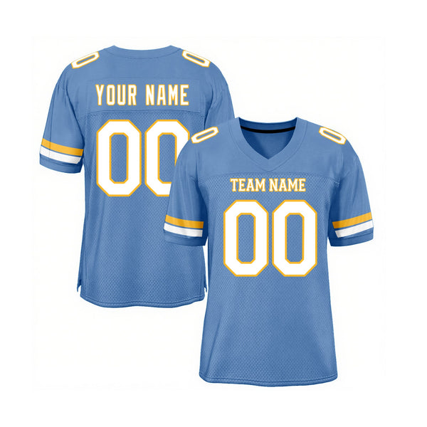 Custom Light Blue White-Gold Mesh Classic Style Authentic Sports Football Jersey