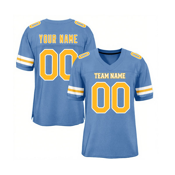 Custom Light Blue Gold-White Mesh Classic Style Authentic Sports Football Jersey