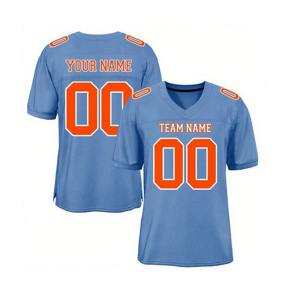 Custom Light Blue Orange-White Mesh Classic Style Authentic Sports Football Jersey