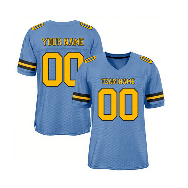 Custom Light Blue Gold-Black Mesh Classic Style Authentic Sports Football Jersey